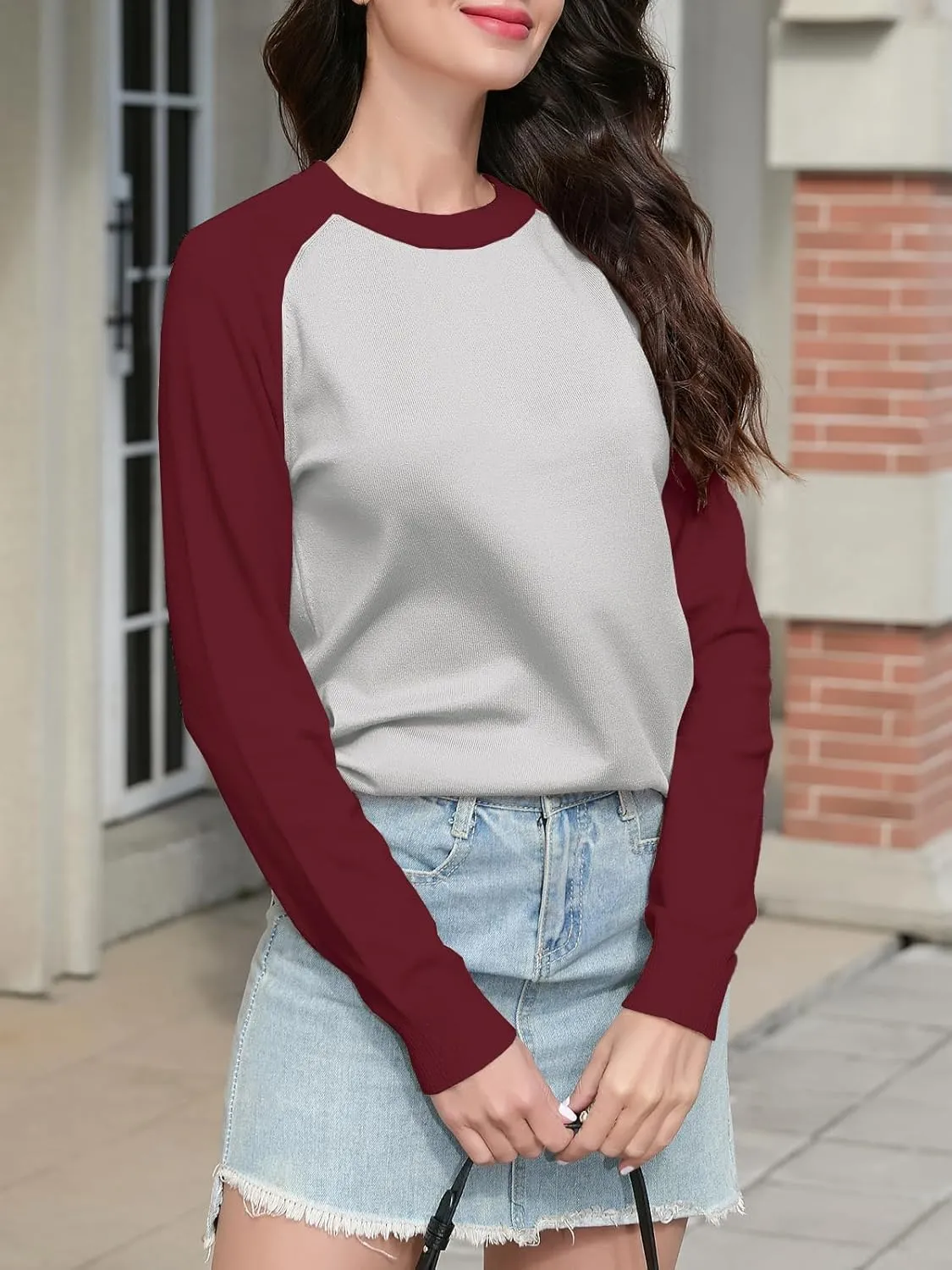 SANGTREE Women's Raglan Long Sleeve Color Block Crew Neck Pullover Knit Sweaters
