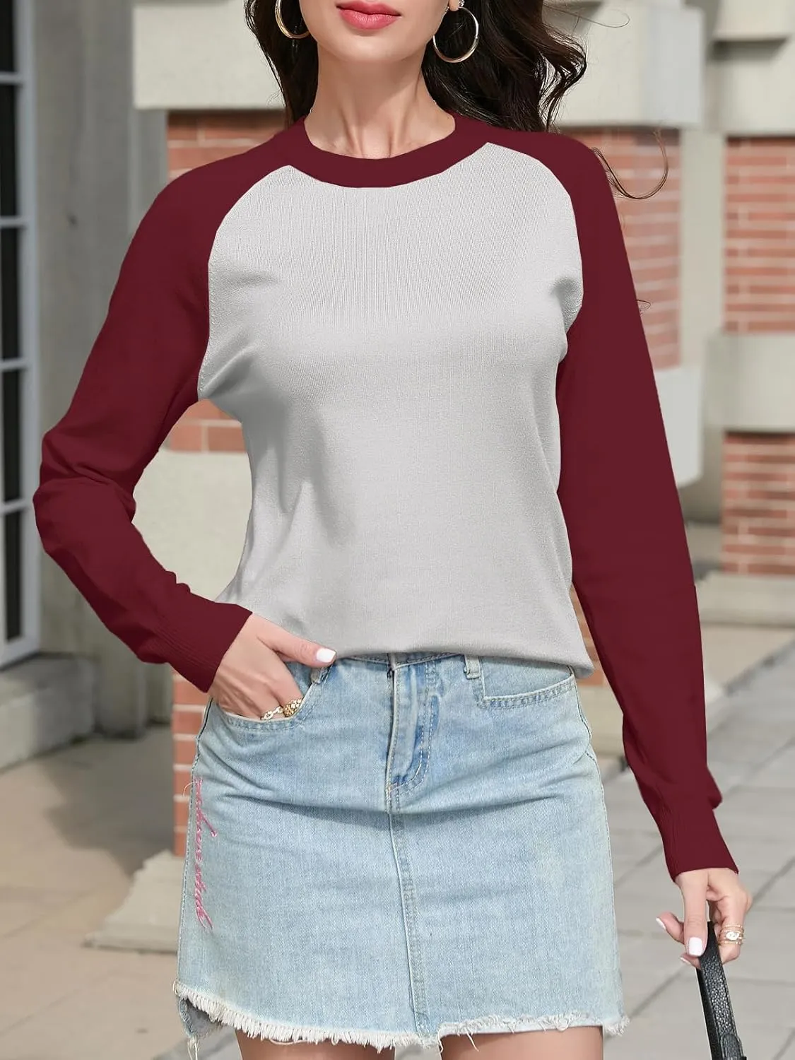 SANGTREE Women's Raglan Long Sleeve Color Block Crew Neck Pullover Knit Sweaters