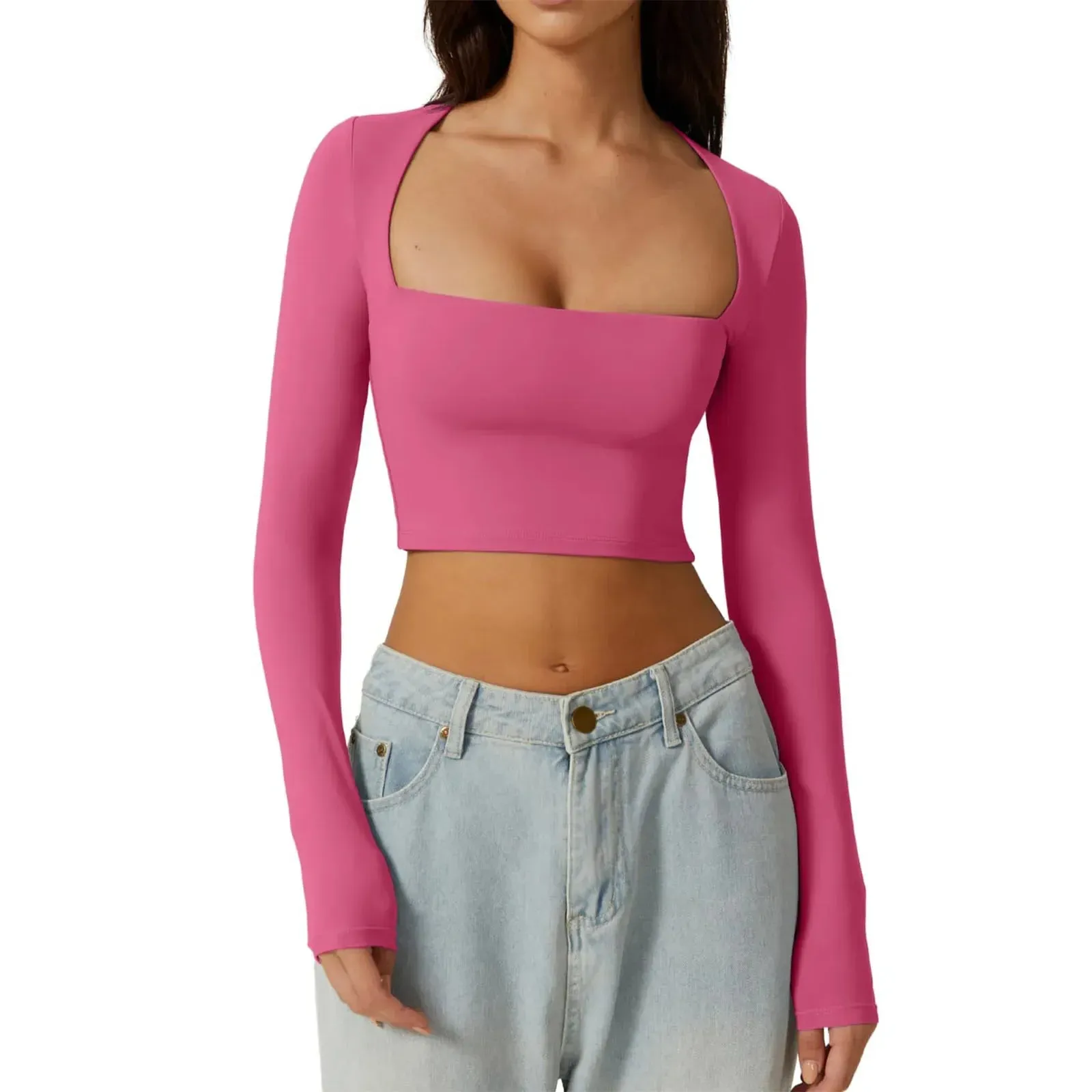 Sleeve Crop Solid Color Square Slim Spring Autumn Harajuku Streetwear Long T-shirt