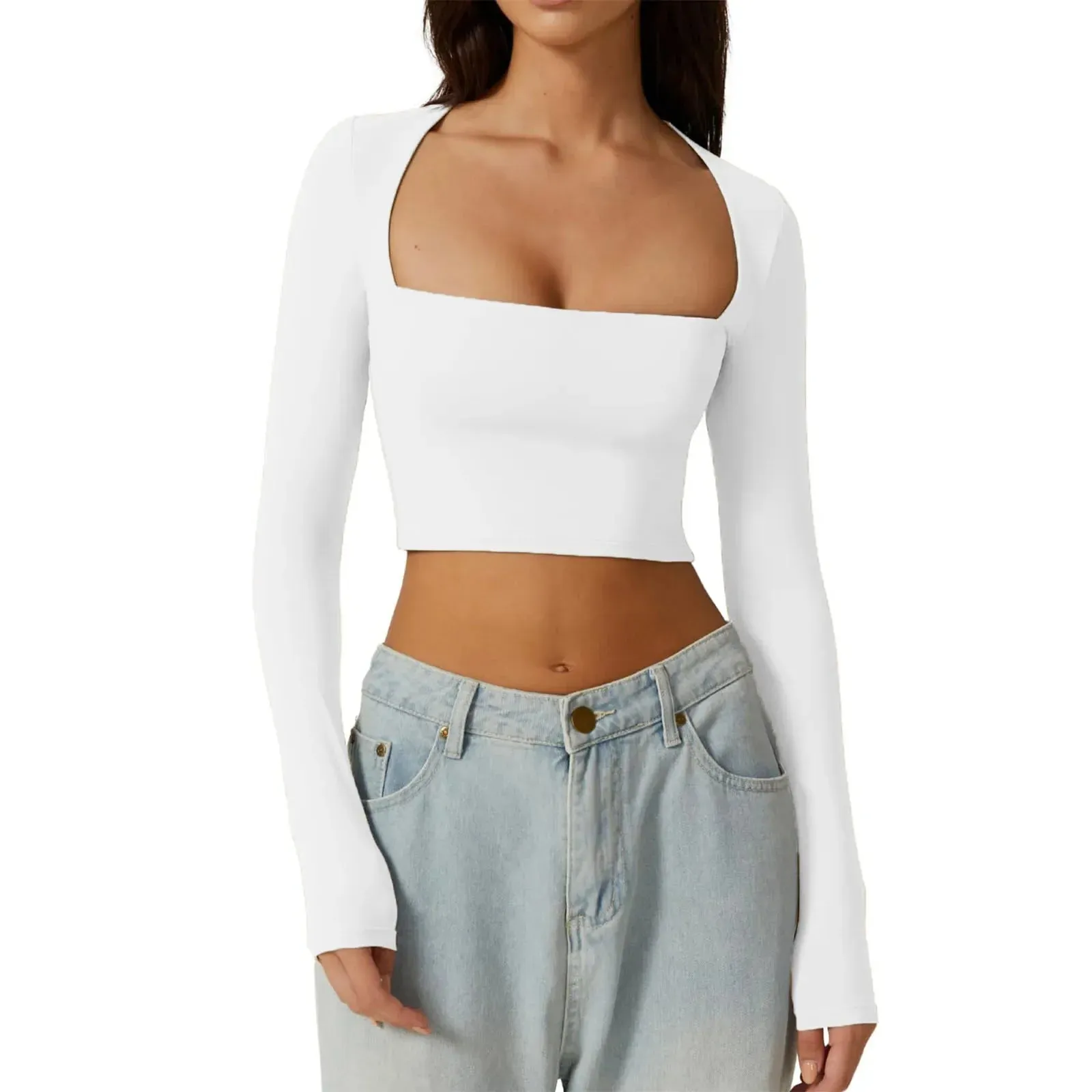 Sleeve Crop Solid Color Square Slim Spring Autumn Harajuku Streetwear Long T-shirt