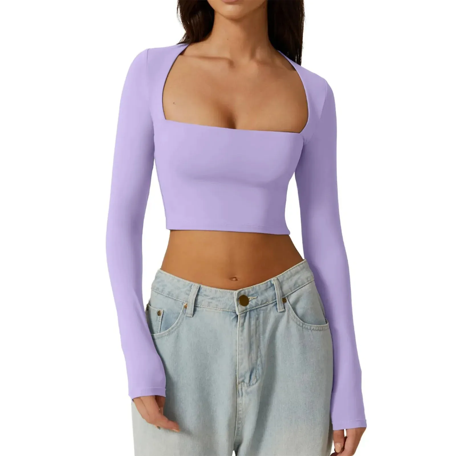 Sleeve Crop Solid Color Square Slim Spring Autumn Harajuku Streetwear Long T-shirt