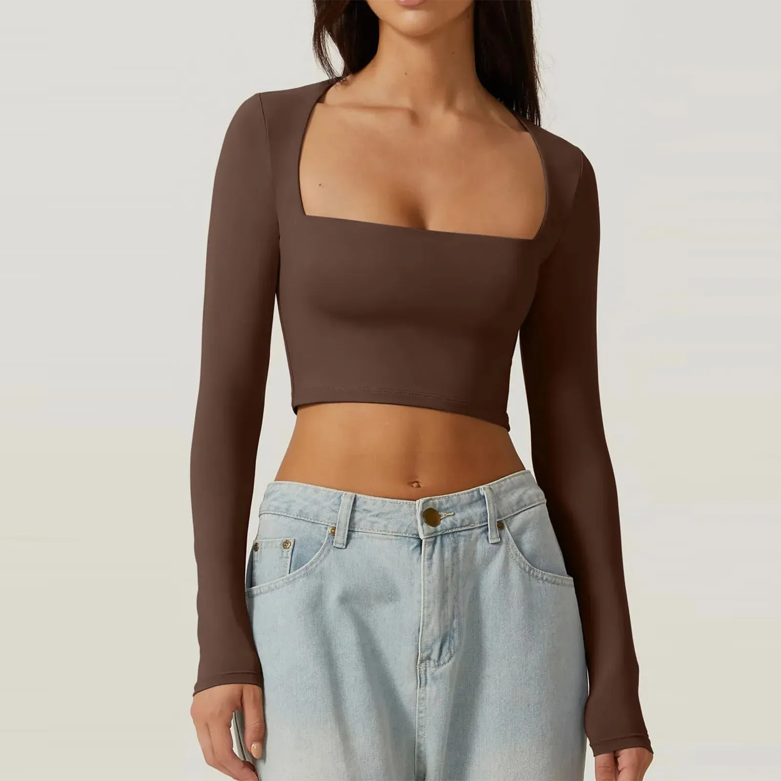 Sleeve Crop Solid Color Square Slim Spring Autumn Harajuku Streetwear Long T-shirt