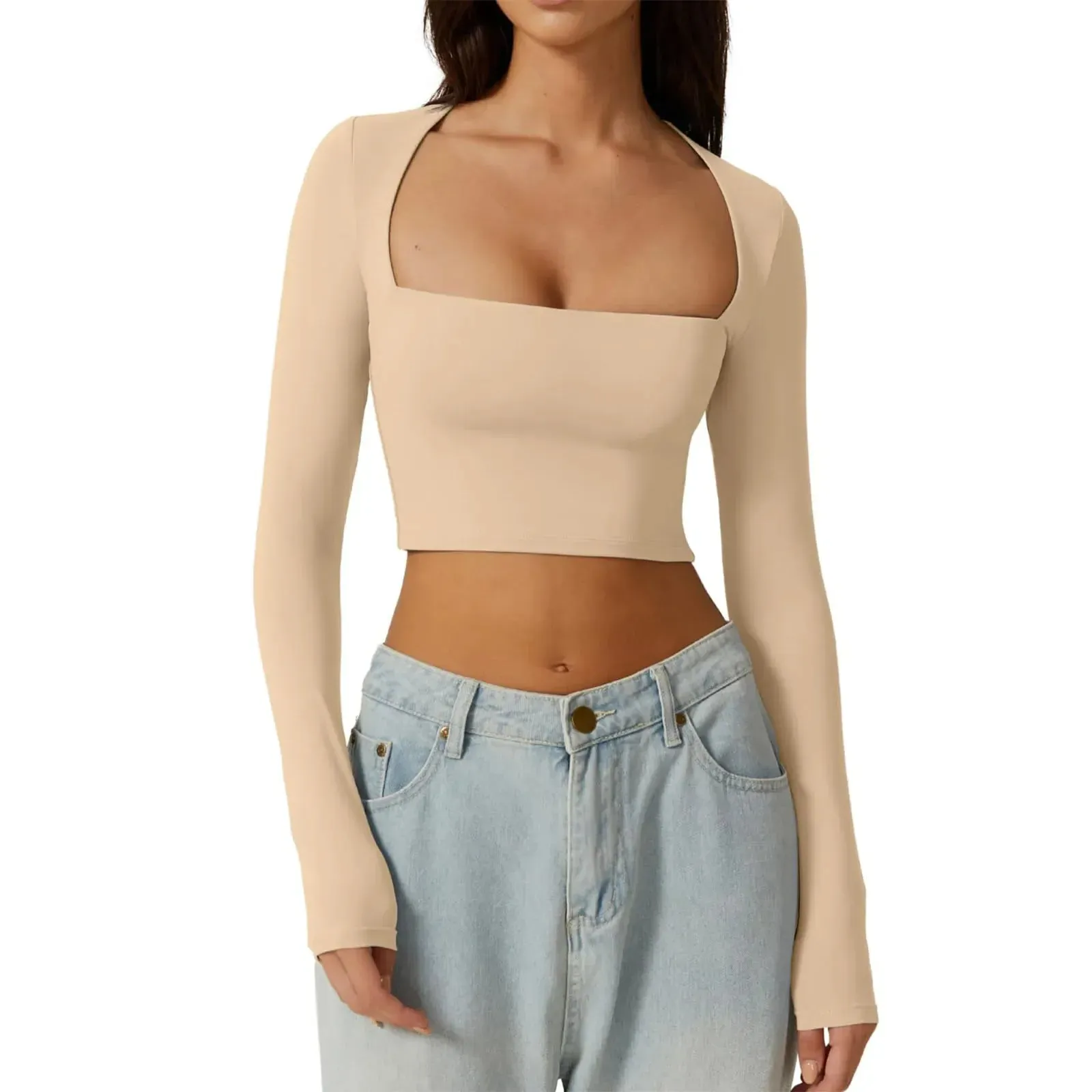 Sleeve Crop Solid Color Square Slim Spring Autumn Harajuku Streetwear Long T-shirt