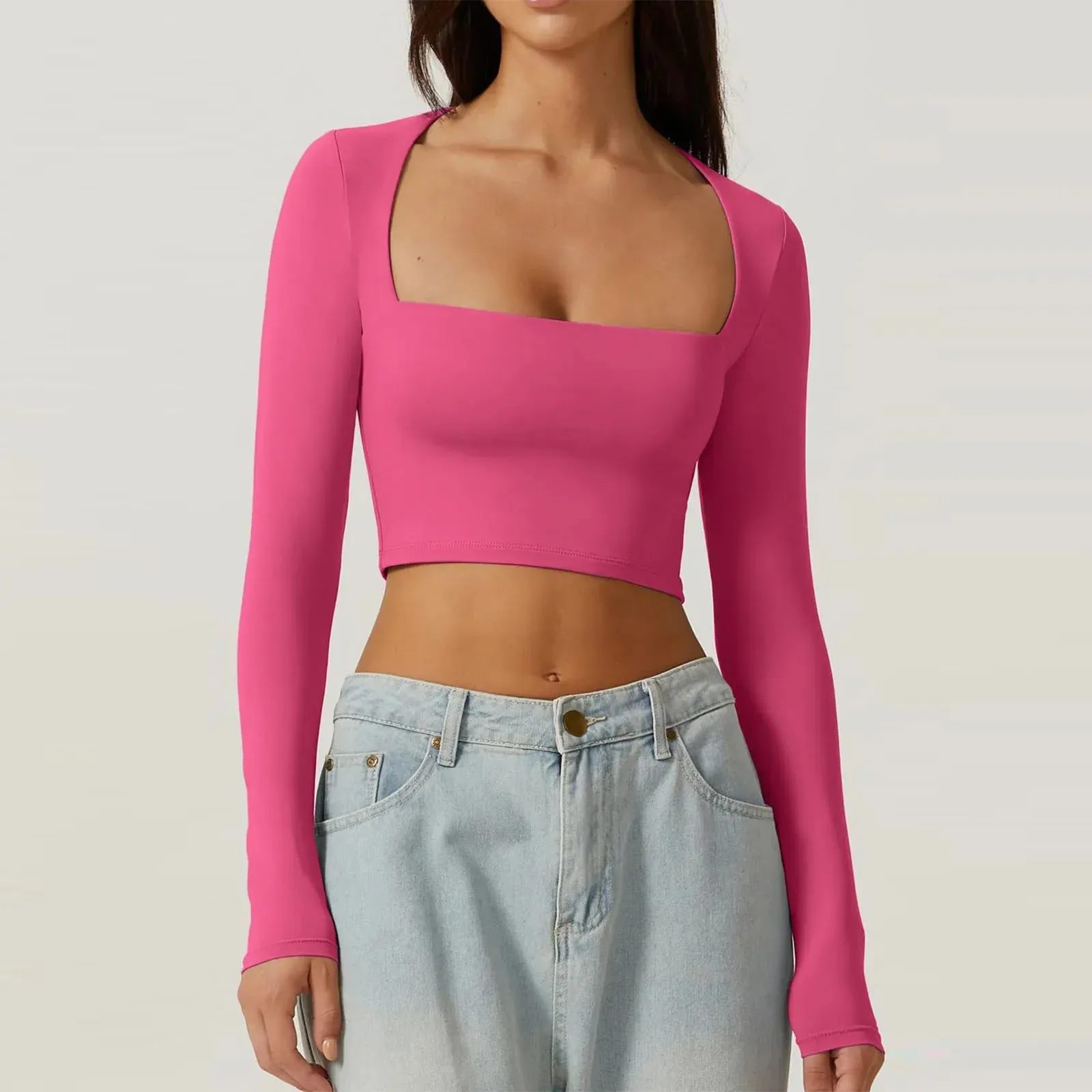 Sleeve Crop Solid Color Square Slim Spring Autumn Harajuku Streetwear Long T-shirt