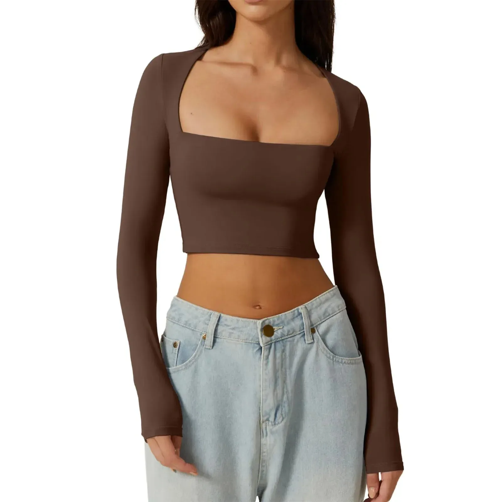 Sleeve Crop Solid Color Square Slim Spring Autumn Harajuku Streetwear Long T-shirt
