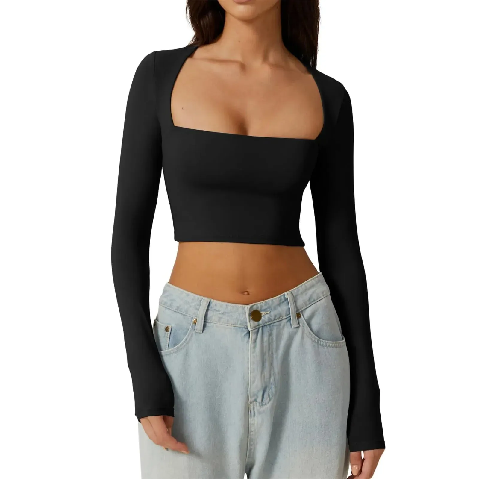 Sleeve Crop Solid Color Square Slim Spring Autumn Harajuku Streetwear Long T-shirt