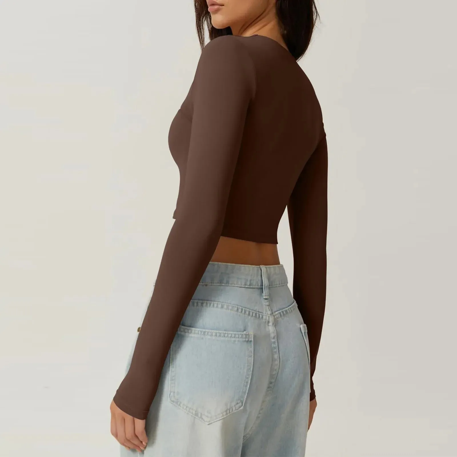 Sleeve Crop Solid Color Square Slim Spring Autumn Harajuku Streetwear Long T-shirt