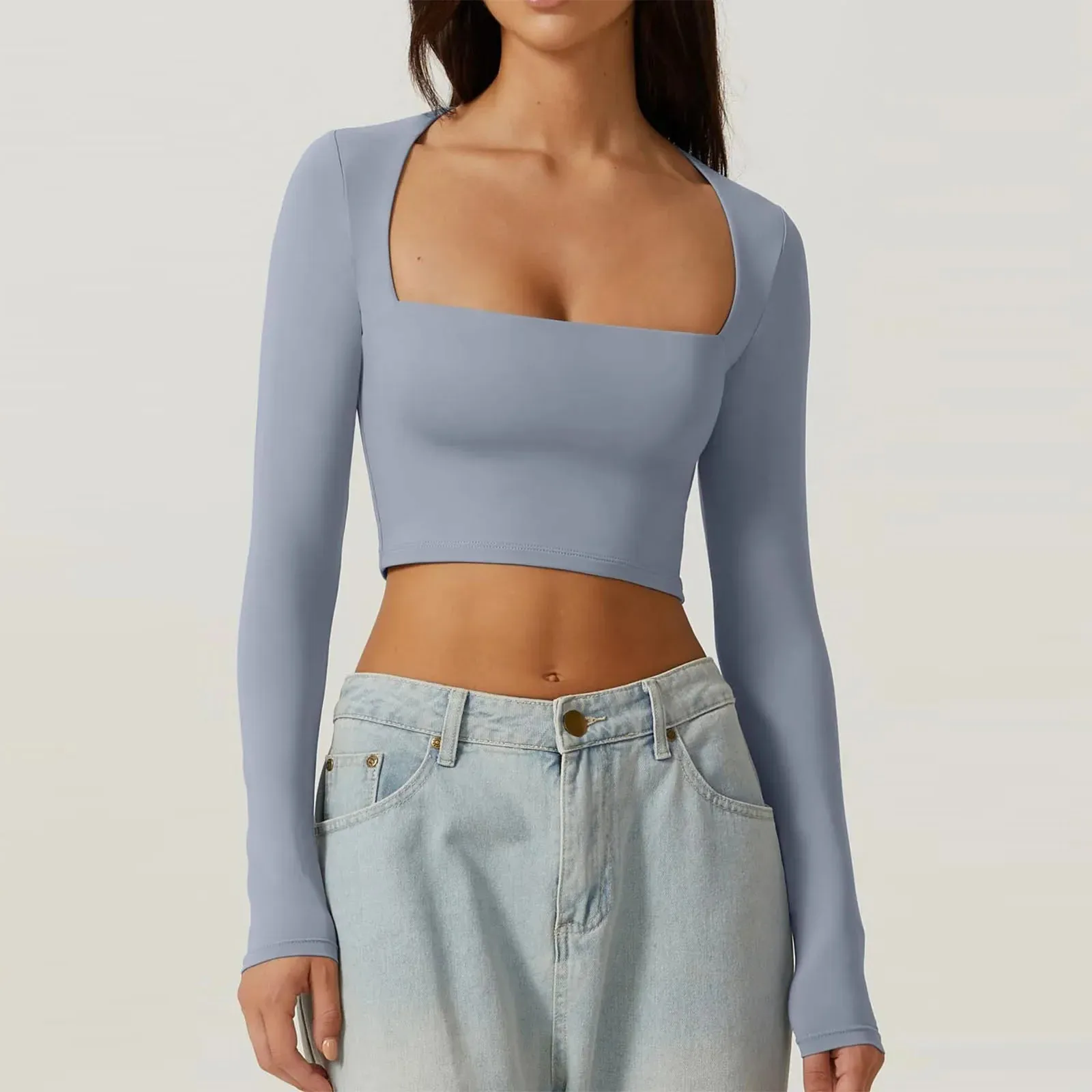 Sleeve Crop Solid Color Square Slim Spring Autumn Harajuku Streetwear Long T-shirt