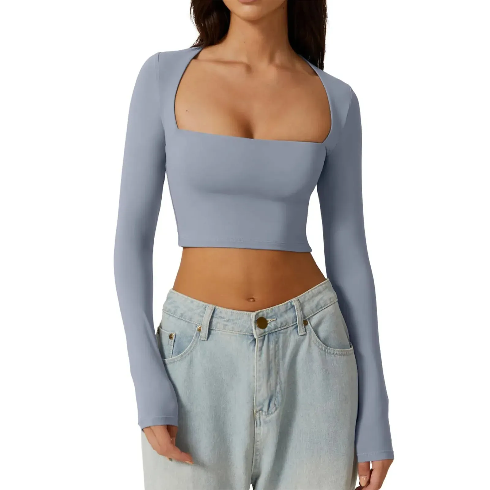 Sleeve Crop Solid Color Square Slim Spring Autumn Harajuku Streetwear Long T-shirt