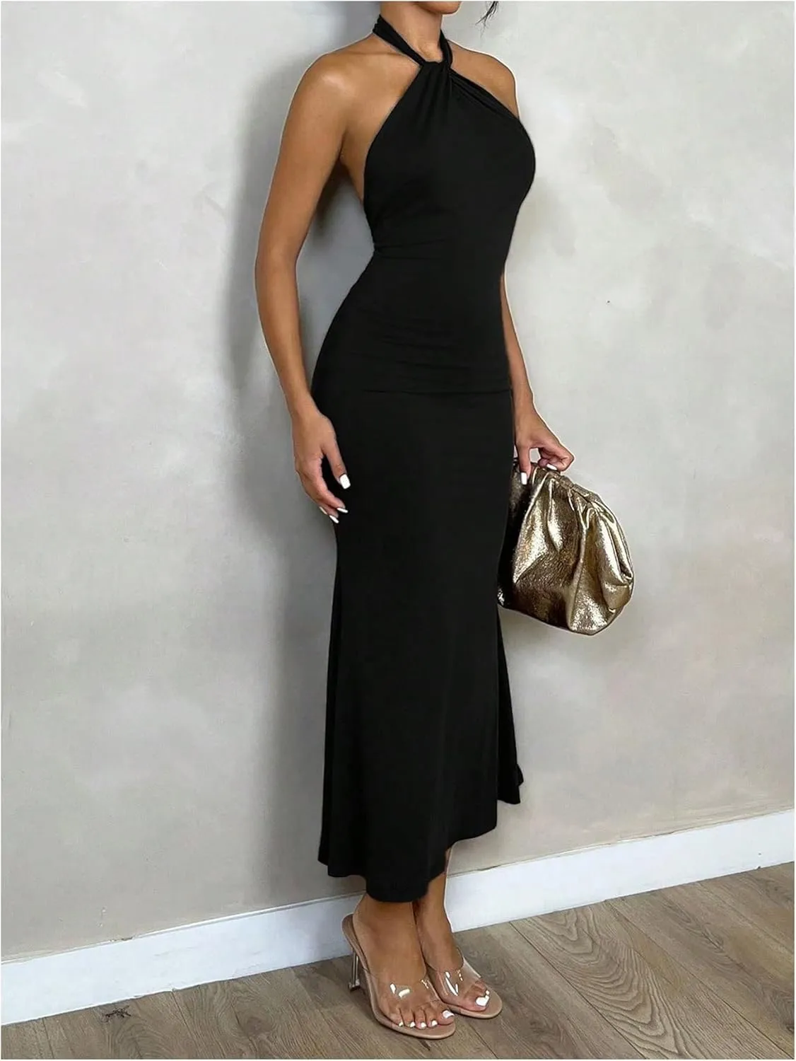 SOLY HUX Women's Bodycon Maxi Dress Halter Neck Sleeveless Backless Twist Party Club Going Out Long Dresses