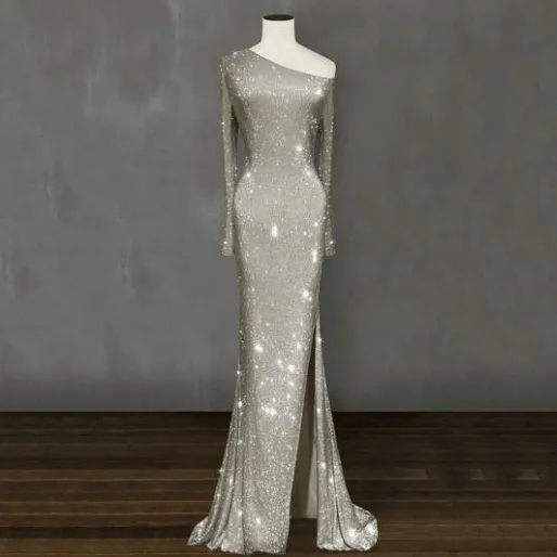 Sparkling Crystal Asymmetric One-Shoulder Dress Europe and United States Style