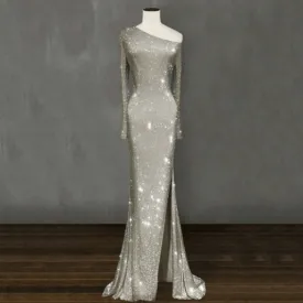 Sparkling Crystal Asymmetric One-Shoulder Dress Europe and United States Style