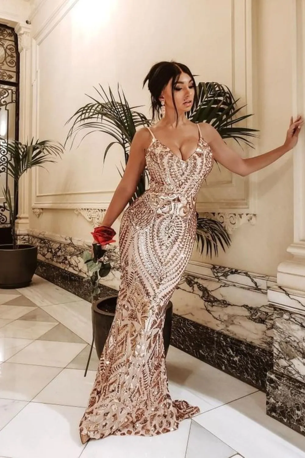 Spotlight Rose Gold Vip Luxe Sequin Backless Mermaid Fishtail Dress