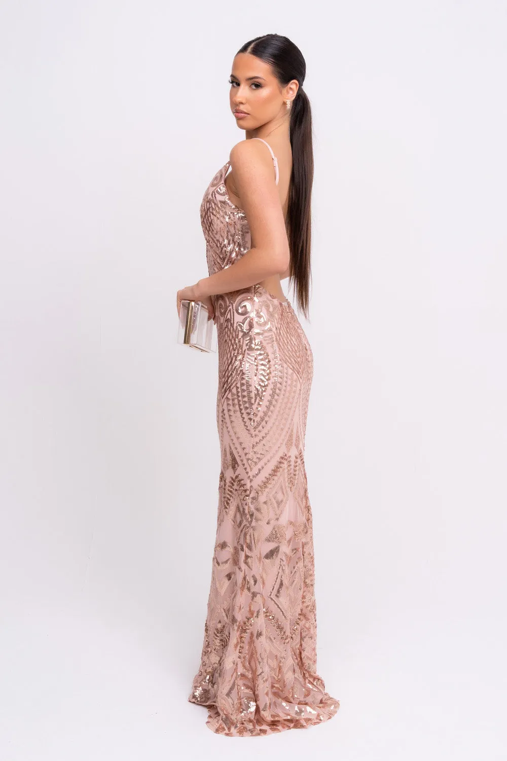Spotlight Rose Gold Vip Luxe Sequin Backless Mermaid Fishtail Dress