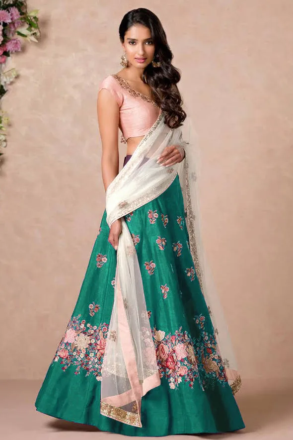 Stunning Green Colored Floral Embroidered Lehenga Choli