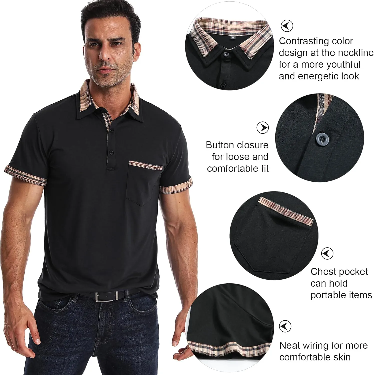Suwangi Men's Polo Shirts Classic Button Basic Short Sleeve Shirt Casual Color Block Tees with Pocket Golf Stylish Tops