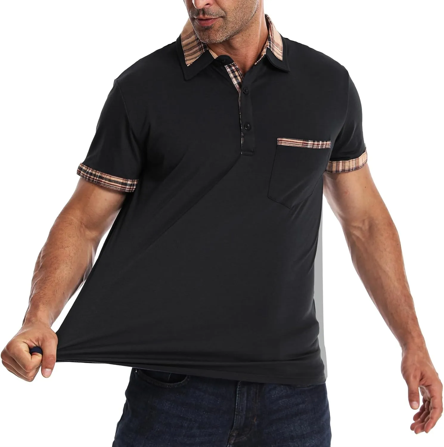Suwangi Men's Polo Shirts Classic Button Basic Short Sleeve Shirt Casual Color Block Tees with Pocket Golf Stylish Tops