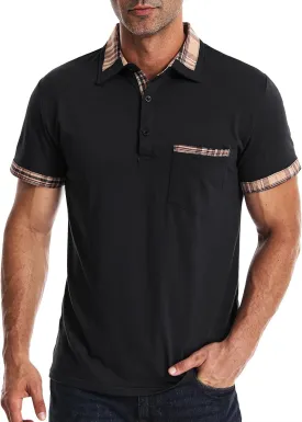 Suwangi Men's Polo Shirts Classic Button Basic Short Sleeve Shirt Casual Color Block Tees with Pocket Golf Stylish Tops