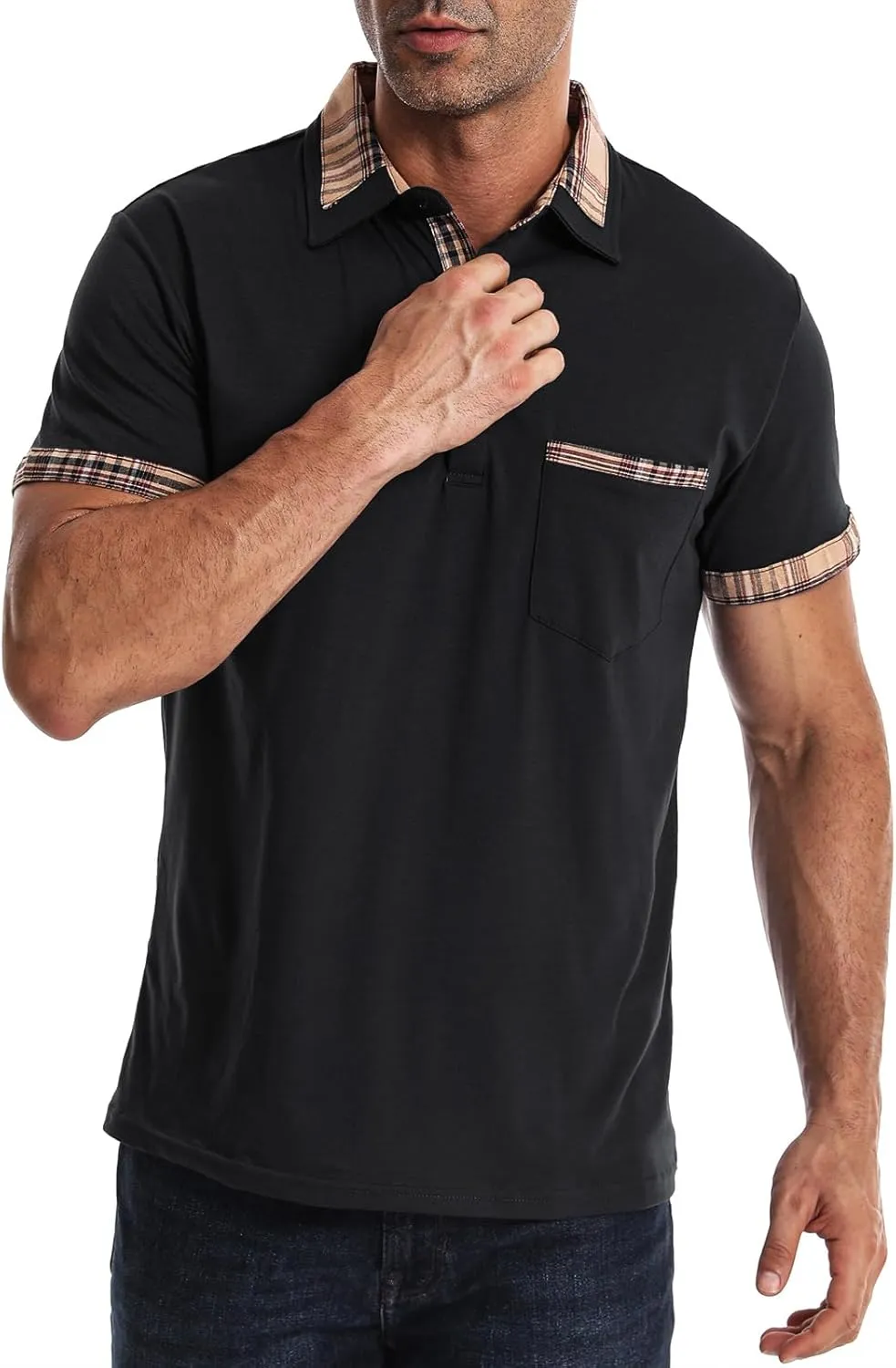 Suwangi Men's Polo Shirts Classic Button Basic Short Sleeve Shirt Casual Color Block Tees with Pocket Golf Stylish Tops