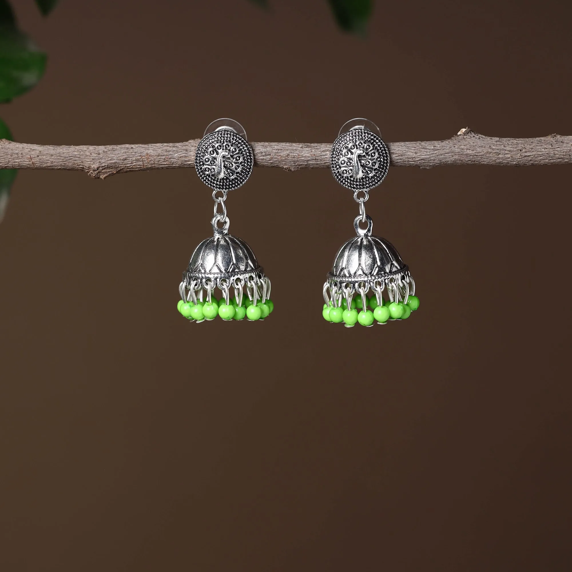Syra Handmade Oxidised Silver Jhumki Bead work Earrings