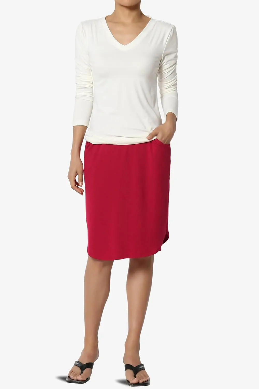 TheMogan Women's Elastic High Waist Soft Midi Skirt w Pocket Comfortable Casual Everyday Wear