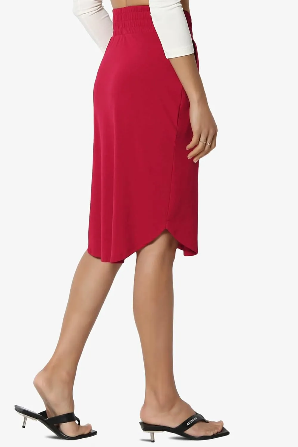 TheMogan Women's Elastic High Waist Soft Midi Skirt w Pocket Comfortable Casual Everyday Wear