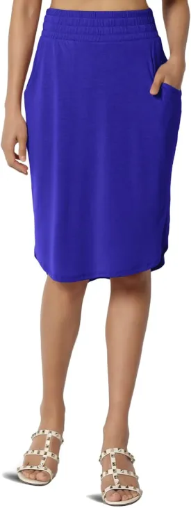 TheMogan Women's Elastic High Waist Soft Midi Skirt w Pocket Comfortable Casual Everyday Wear