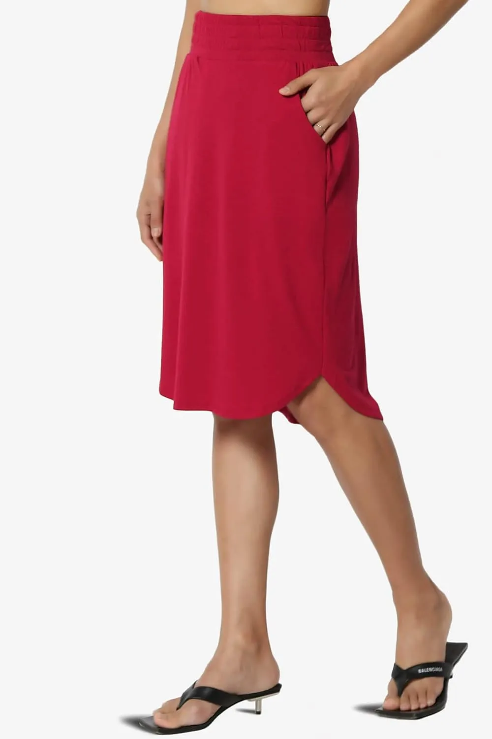 TheMogan Women's Elastic High Waist Soft Midi Skirt w Pocket Comfortable Casual Everyday Wear