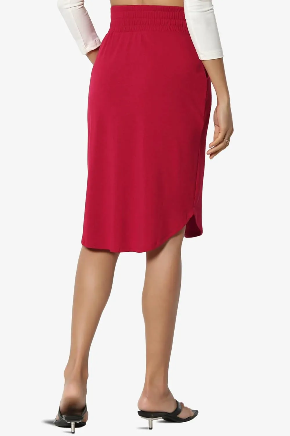 TheMogan Women's Elastic High Waist Soft Midi Skirt w Pocket Comfortable Casual Everyday Wear