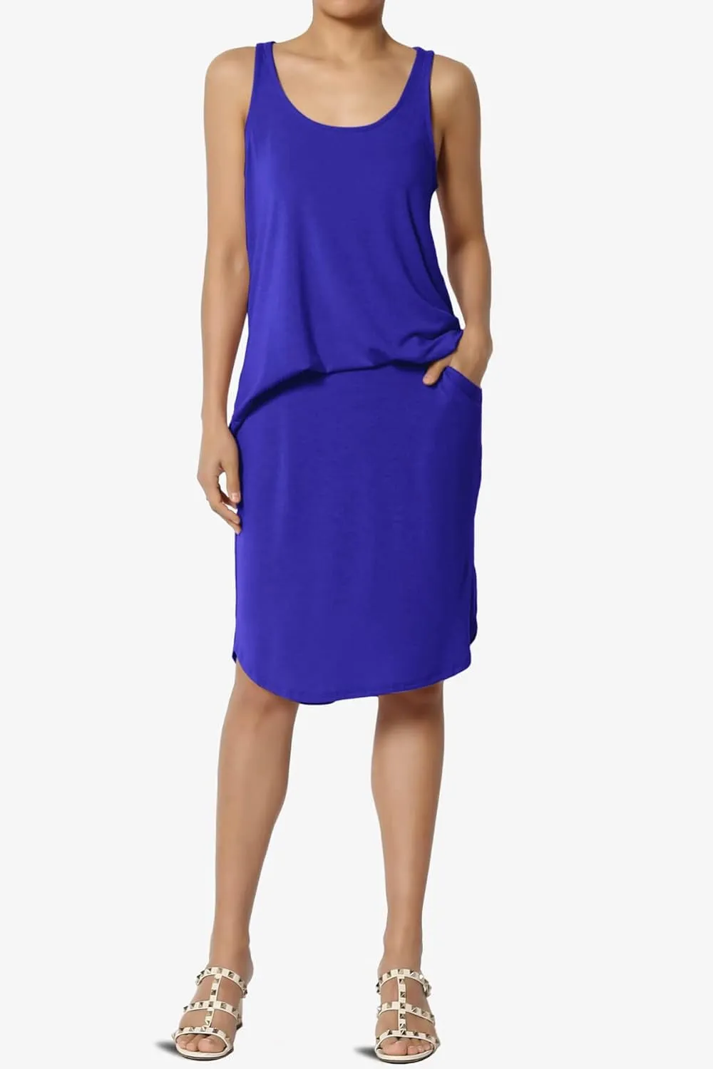 TheMogan Women's Elastic High Waist Soft Midi Skirt w Pocket Comfortable Casual Everyday Wear