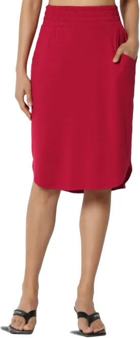 TheMogan Women's Elastic High Waist Soft Midi Skirt w Pocket Comfortable Casual Everyday Wear