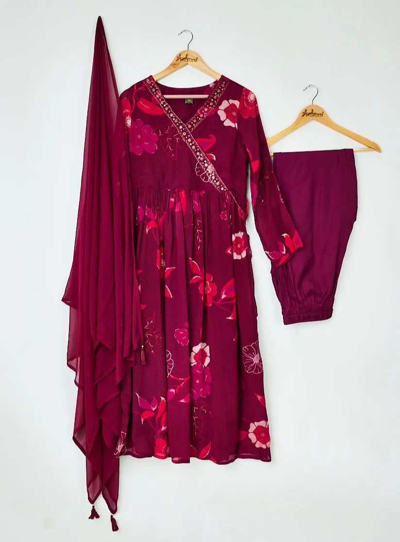 Wine Pink Kurta, Pants and Dupatta set