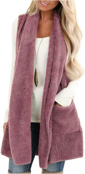 Winter Coats for Women 2024 Casual Sleeveless Sherpa Vest with Pockets Open Front Fleece Long Cardigan Fuzzy Jacket