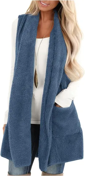 Winter Coats for Women 2024 Casual Sleeveless Sherpa Vest with Pockets Open Front Fleece Long Cardigan Fuzzy Jacket