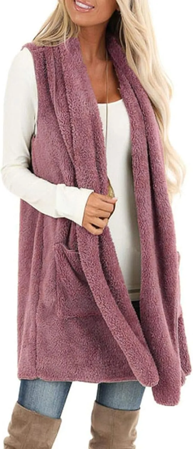 Winter Coats for Women 2024 Casual Sleeveless Sherpa Vest with Pockets Open Front Fleece Long Cardigan Fuzzy Jacket