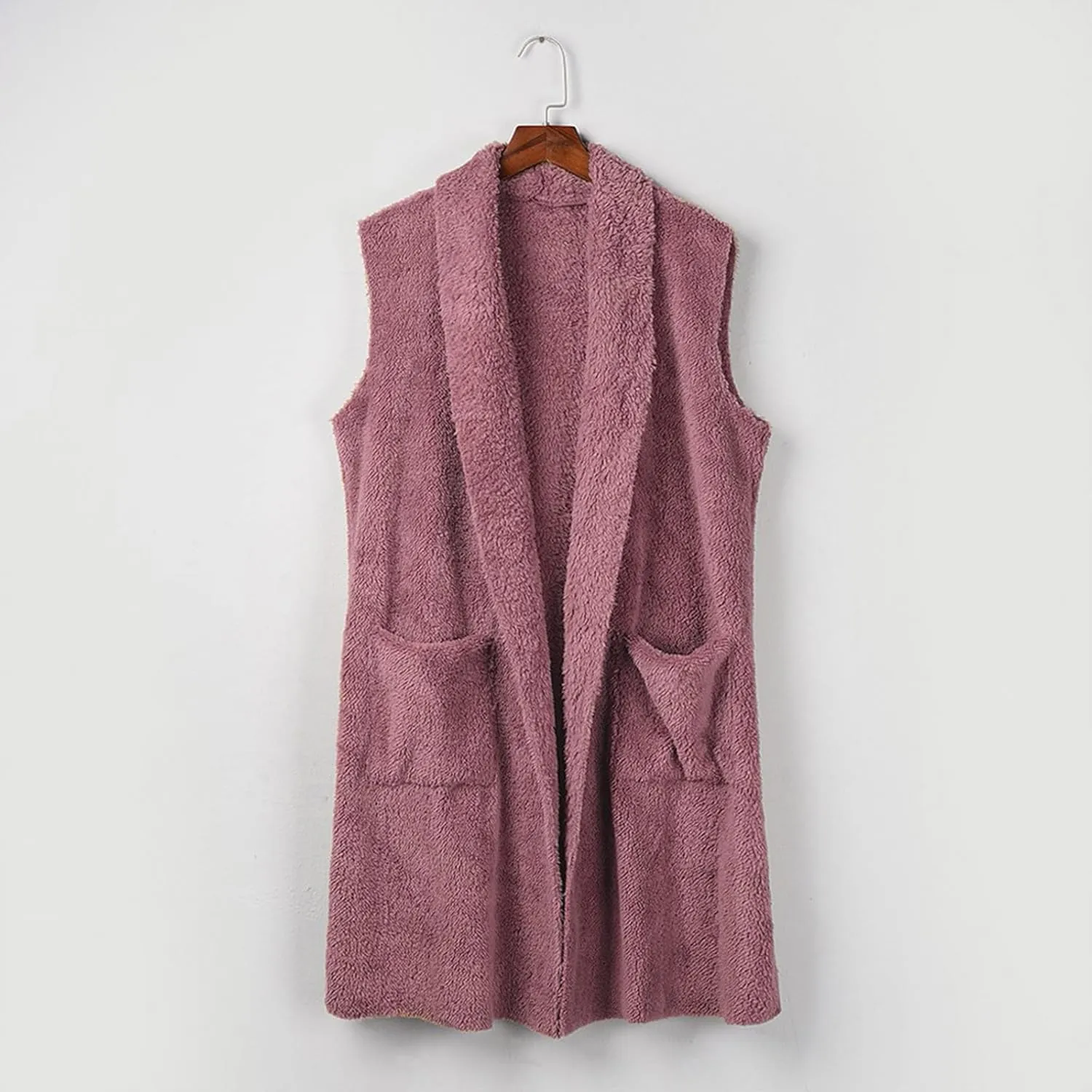 Winter Coats for Women 2024 Casual Sleeveless Sherpa Vest with Pockets Open Front Fleece Long Cardigan Fuzzy Jacket