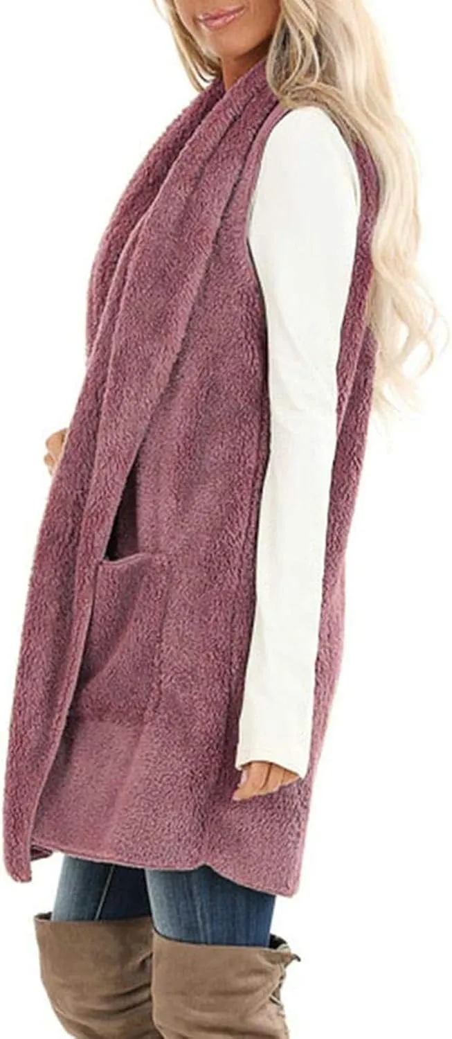 Winter Coats for Women 2024 Casual Sleeveless Sherpa Vest with Pockets Open Front Fleece Long Cardigan Fuzzy Jacket