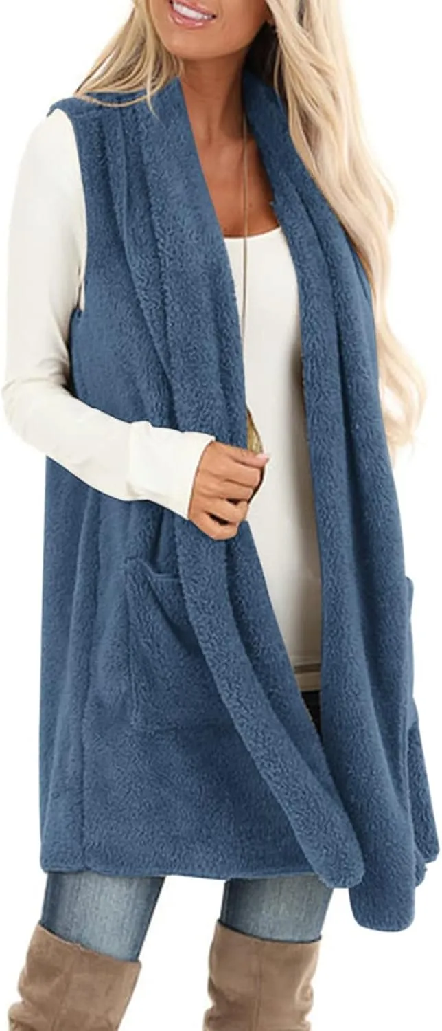 Winter Coats for Women 2024 Casual Sleeveless Sherpa Vest with Pockets Open Front Fleece Long Cardigan Fuzzy Jacket