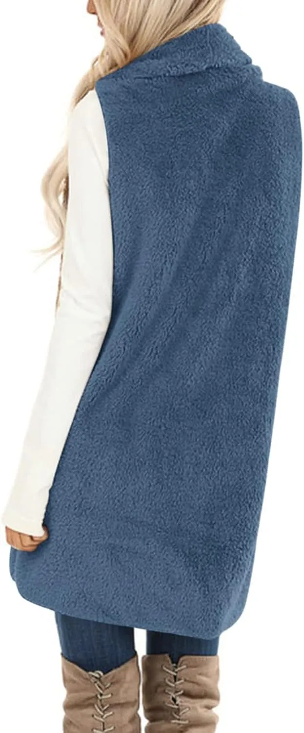 Winter Coats for Women 2024 Casual Sleeveless Sherpa Vest with Pockets Open Front Fleece Long Cardigan Fuzzy Jacket