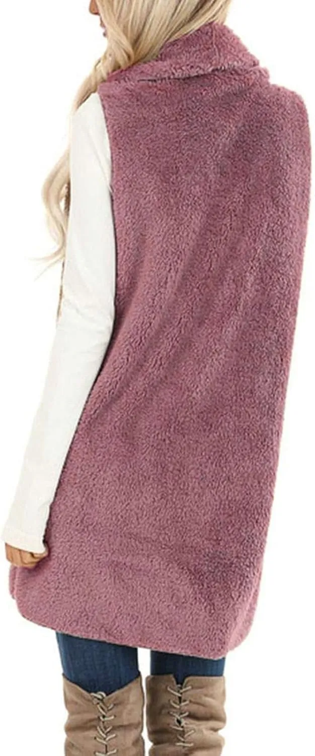 Winter Coats for Women 2024 Casual Sleeveless Sherpa Vest with Pockets Open Front Fleece Long Cardigan Fuzzy Jacket