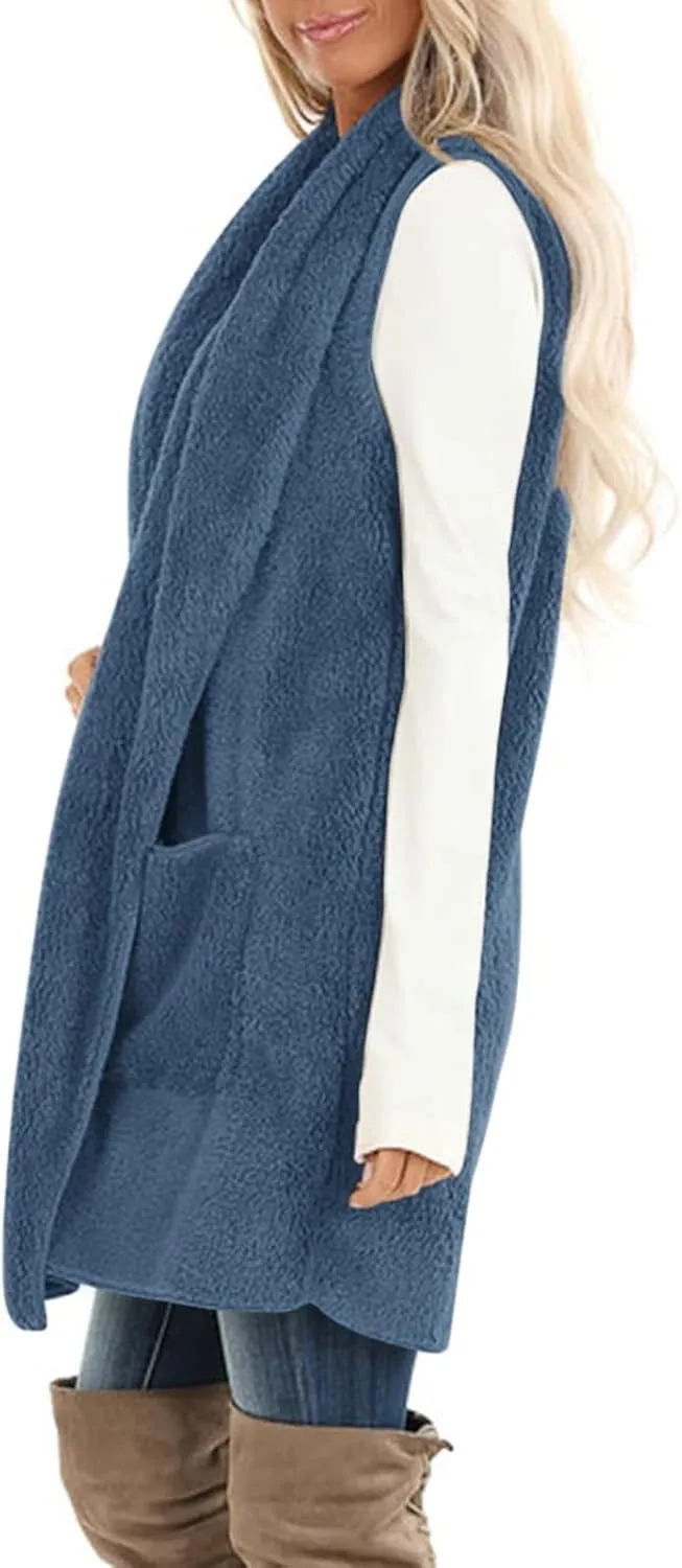 Winter Coats for Women 2024 Casual Sleeveless Sherpa Vest with Pockets Open Front Fleece Long Cardigan Fuzzy Jacket