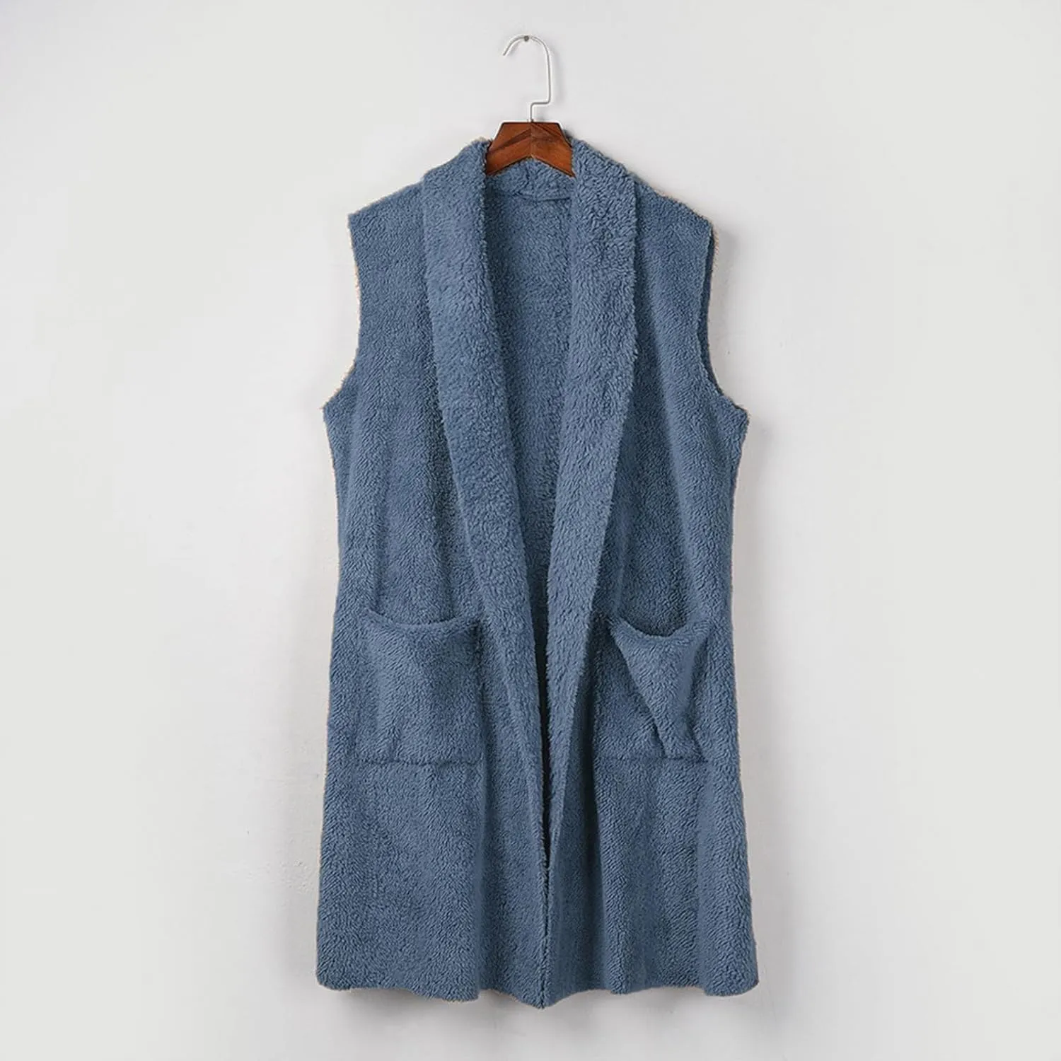 Winter Coats for Women 2024 Casual Sleeveless Sherpa Vest with Pockets Open Front Fleece Long Cardigan Fuzzy Jacket