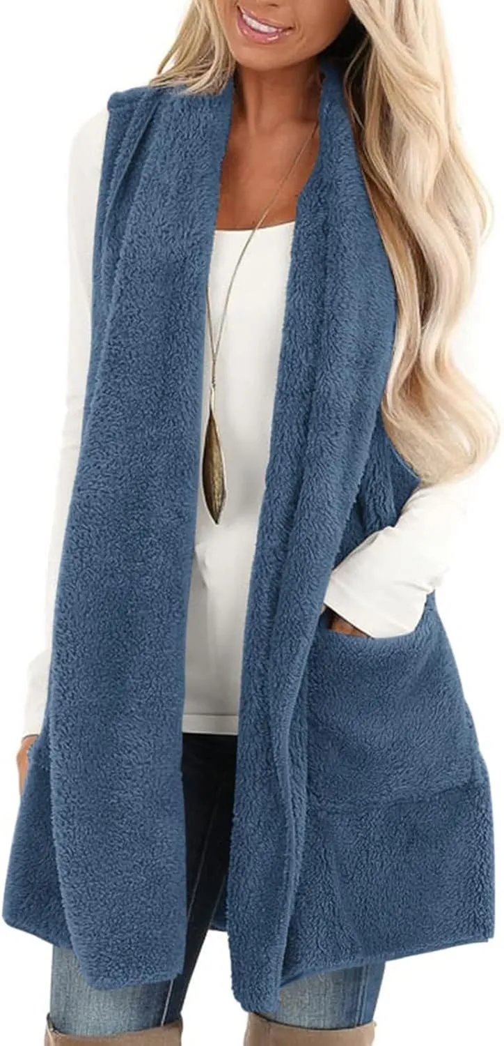 Winter Coats for Women 2024 Casual Sleeveless Sherpa Vest with Pockets Open Front Fleece Long Cardigan Fuzzy Jacket