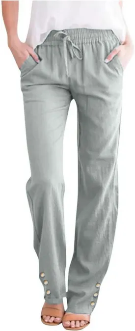 Women's Casual Linen Pants Lightweight Summer Relax Fit Elastic Waist Plus Size Pants Loose Trousers with Pockets
