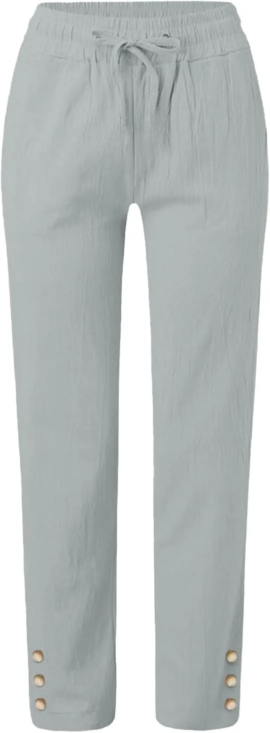Women's Casual Linen Pants Lightweight Summer Relax Fit Elastic Waist Plus Size Pants Loose Trousers with Pockets