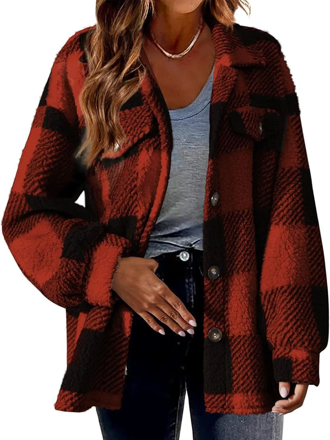 Womens Fall Winter Coats Warm Plush Shacket Jackets Button Cardigan Trendy Plaid Fleece Fuzzy Pockets Outwear