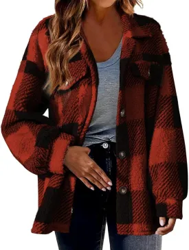 Womens Fall Winter Coats Warm Plush Shacket Jackets Button Cardigan Trendy Plaid Fleece Fuzzy Pockets Outwear