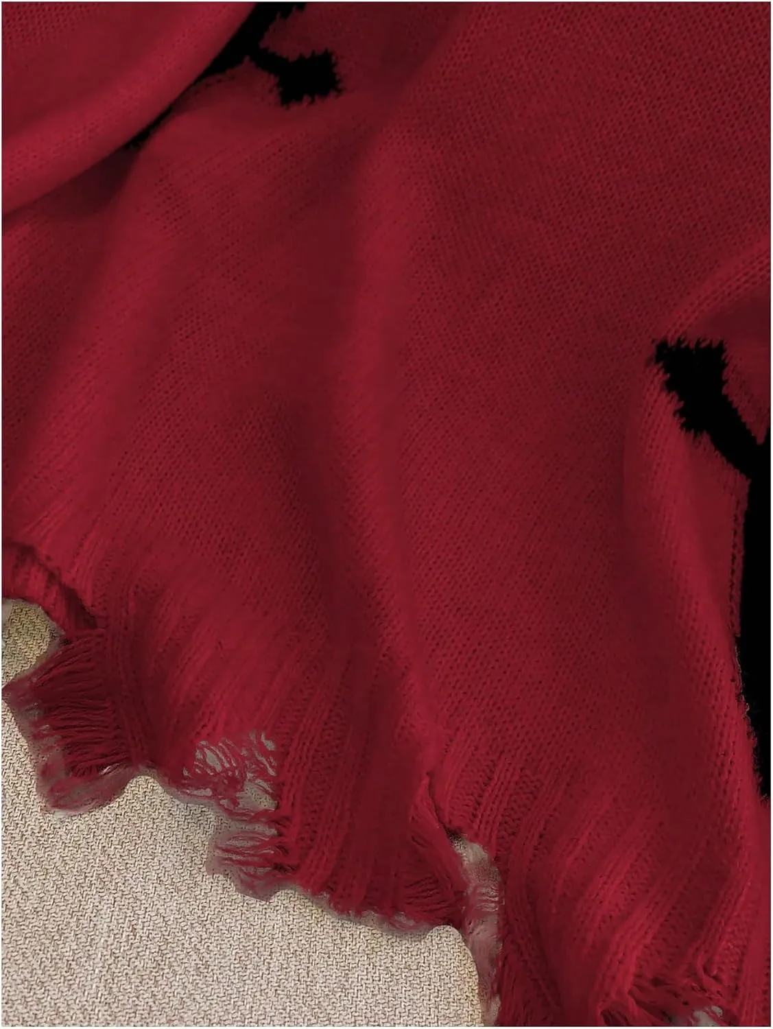 Women's Graphic Sweaters V Neck Long Sleeve Distressed Sweaters Raw Hem Knitted Pullover Top