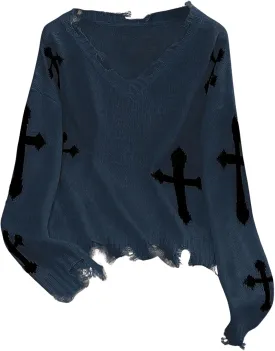 Women's Graphic Sweaters V Neck Long Sleeve Distressed Sweaters Raw Hem Knitted Pullover Top