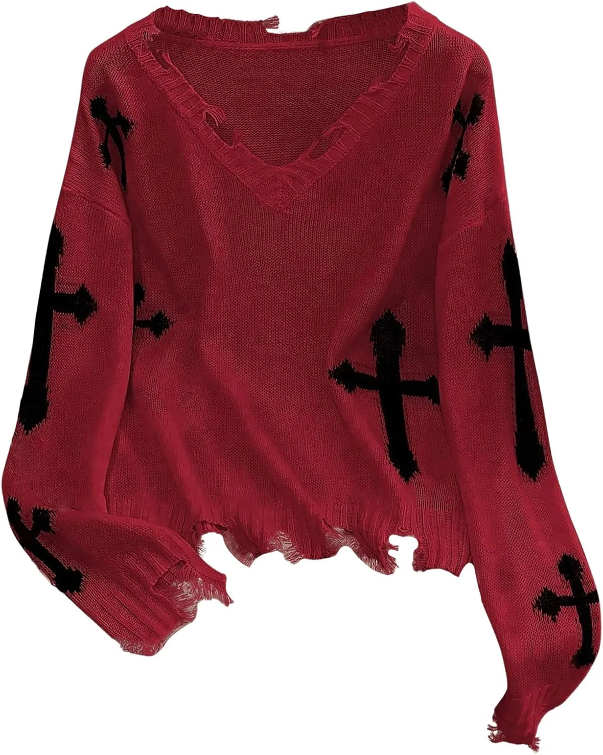 Women's Graphic Sweaters V Neck Long Sleeve Distressed Sweaters Raw Hem Knitted Pullover Top
